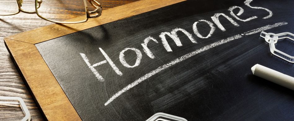 tafel mit kreide aufschrift hormone und chemischen verbindungen auf holztisch mit brille und stethoskop