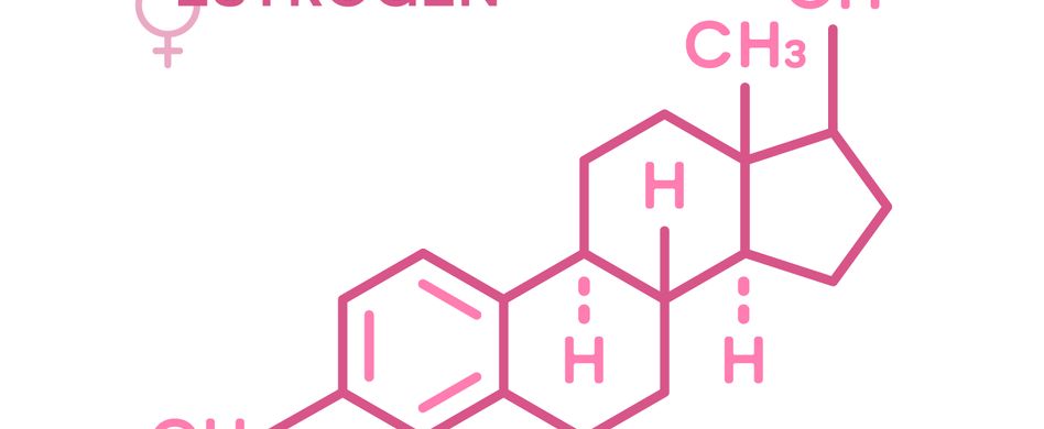 rosa chemische verbindung von östrogen auf weißem hintergrund mit überschrift estrogene