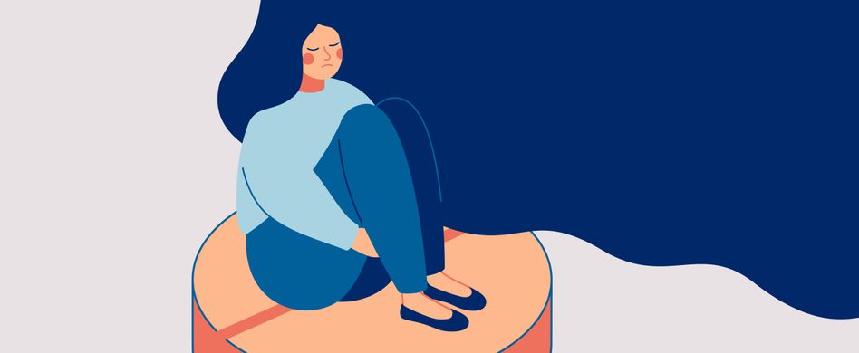 grafik von trauriger frau sitzt auf pille mit langen blauen wehenden haaren auf grauem hintergrund