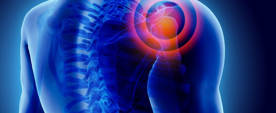 3d aufnahme von blauem menschlichem körper mit muskelschmerzen in schulter rot markiert