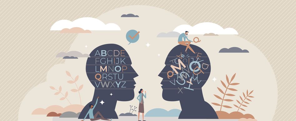 grafik von zwei köpfen die sich gegenüber stehen mit buchstaben drin und in der mitte eine frau auf beigem hintergrund