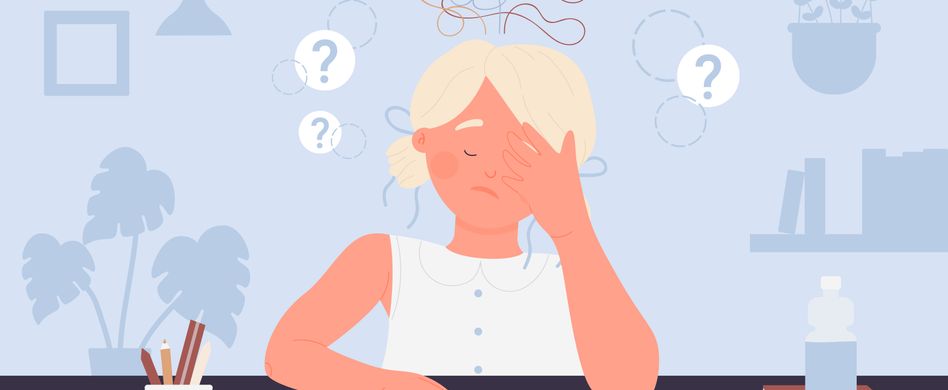 grafik mit mensch der am schreibtisch sitzt mit fragezeichen über dem kopf wegen lesen und schreiben