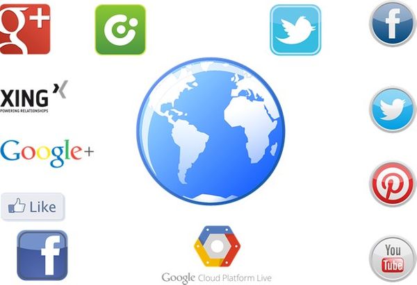 verschiedene social media dienste twitter facebook xing google pinterest youtube
