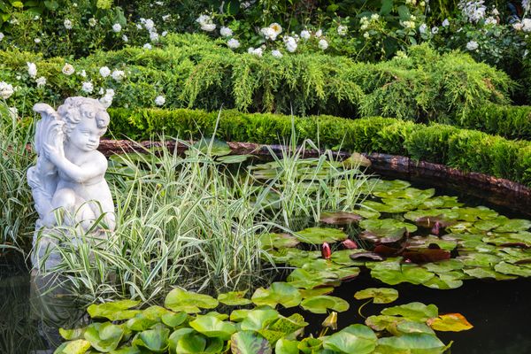 gartenteich mit engelsskulptur und seerosen