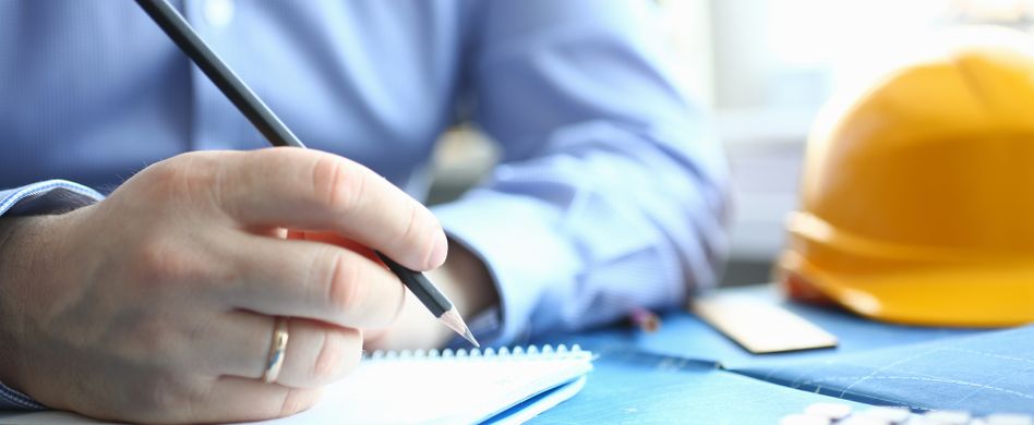 mann schreibt mit stift auf papier baulizenz