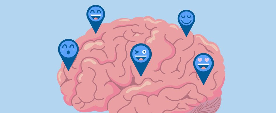 grafik von gehirn mit blauen smileys mit verschiedenen gefühlen auf blauem hintergrund mit überschrift dopamine