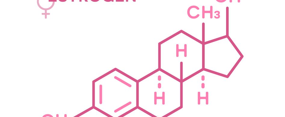 rosa chemische verbindung von östrogen auf weißem hintergrund mit überschrift estrogene