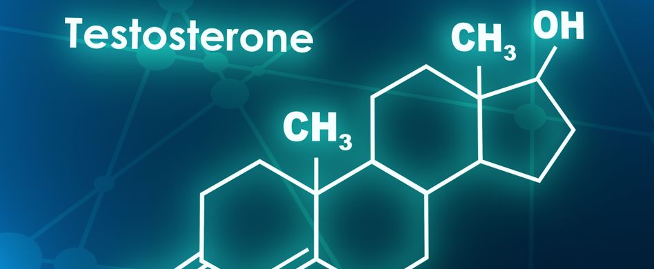hellgrüne  grafik von chemischer verbindung von testosteron auf blauem hintergrund mit überschrift testosterone